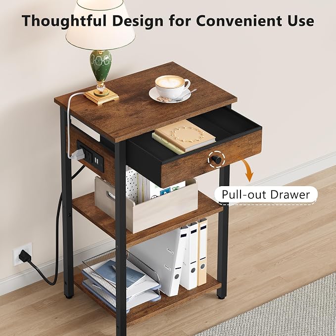 Gewudraw Printer Stand with Charging Station, 3-Tier Under Desk Printer Table, End Table with Storage Shelves for Home Office, Living Room,Bedroom,Bathroom,Brown