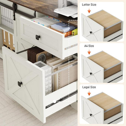 St.Mandyu 63" L Shaped Electric Standing Desk with File Drawer & Sliding Door, Height Adjustable Sit Stand Corner Computer Desk with Power Outlets, Drawers & Cup Holder for Home Office, White