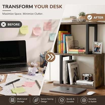 Desk Organizer and Desk Hutch Shelf – Desktop Bookshelf for Small Spaces, Mini Storage Unit for Dorm, Office, 3-Tier Desk Top Organizer Shelf, Rustic Brown