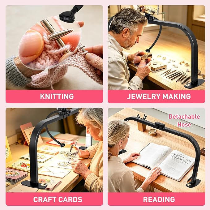 HITTI LED Half Moon Nail Desk Lamp, 30" Foldable Arch Light with 5X Magnifier & Phone Holder for Manicure, Handicraft, Art, Eyelash Extensions - Adjustable Brightness, 3 Color Modes, Home & Salon