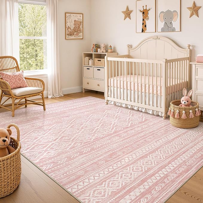 Nakagishi Area Rug Living Room Rugs: 10x14 Large Soft Machine Washable Boho Moroccan FarmNeutral Stain Resistant Indoor Floor Carpet for Bedroom Under Dining Table Home Office Decor-Pink