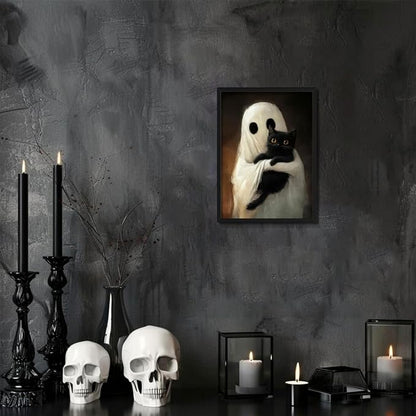 Framed Vintage Halloween Ghost Wall Art, Cute Ghost Hugging Black Cat Canvas Print, Cozy Dark Academia Gothic Halloween Decor for Living Room Bedroom, 12x16in Wood Frame