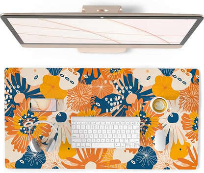 QiyI Large Desk Pad, Floral Mouse Pad Desktop Decor, Waterproof PU Leather Desk Cover Protector, Desk Accessories for Office Home Work Writing Gaming 31.5" x 15.7" - Orange Blue Flowers