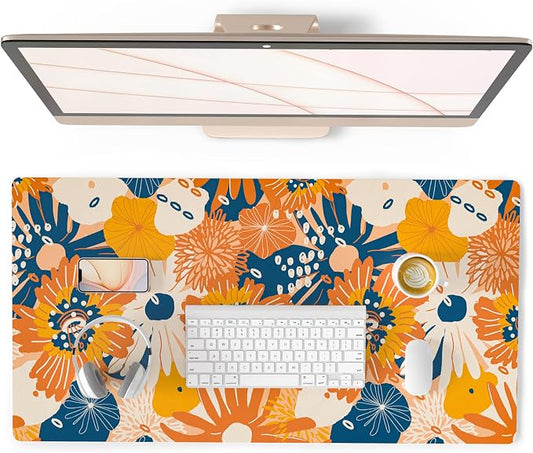 QiyI Large Desk Pad, Floral Mouse Pad Desktop Decor, Waterproof PU Leather Desk Cover Protector, Desk Accessories for Office Home Work Writing Gaming 31.5" x 15.7" - Orange Blue Flowers