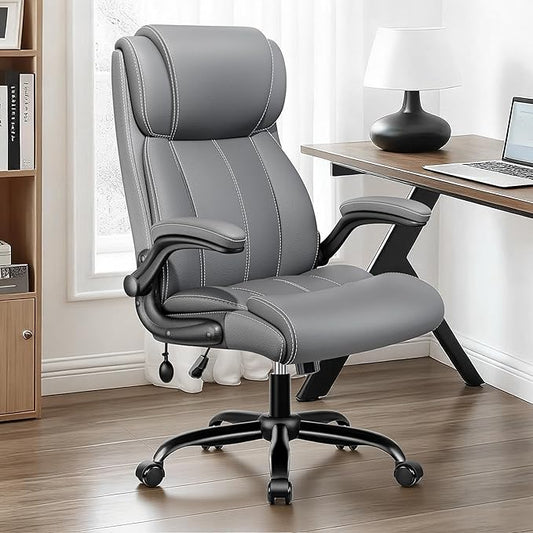 BESTFAIR Ergonomic Office Chair - Desk Computer Chair, Leather High Back Executive Chairs with Adjustable Lumbar Support & Flip Up Arms, Gray 2 Pack
