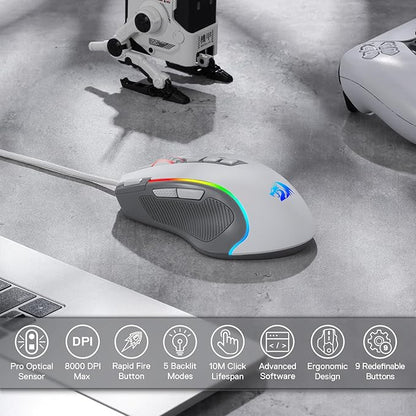 Redragon M612 RGB Gaming Mouse, 8000 DPI Wired Optical Mouse with 9 Programmable Buttons & 5 Backlit Modes, Software Supports DIY Keybinds Rapid Fire Button, Gray&White