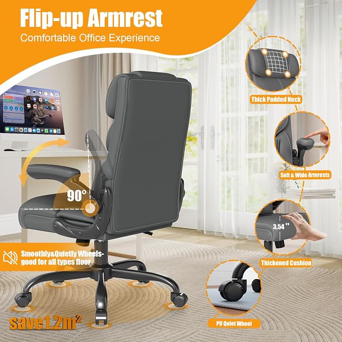 Executive Office Chair with Flip-up Armrests,Ergonomic Computer Desk Chairs,Mid-Tall Back Leather Office Chair,Lumbar Support Swivel PC Chair with Rocking Function
