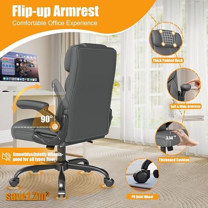 Executive Office Chair with Flip-up Armrests,Ergonomic Computer Desk Chairs,Mid-Tall Back Leather Office Chair,Lumbar Support Swivel PC Chair with Rocking Function