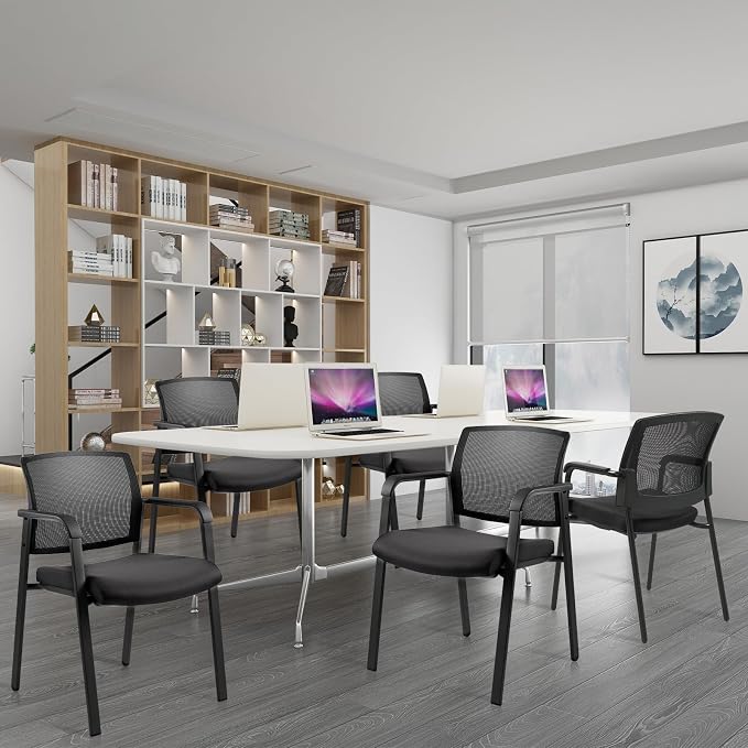 CLATINA Guest Reception Stacking Office Chairs with Arm, Mesh Back Waiting Room Chair with Upholstered Fabric Seat and Ergonomic Lumbar Support for Office Conference School Church, Black-4 Pack