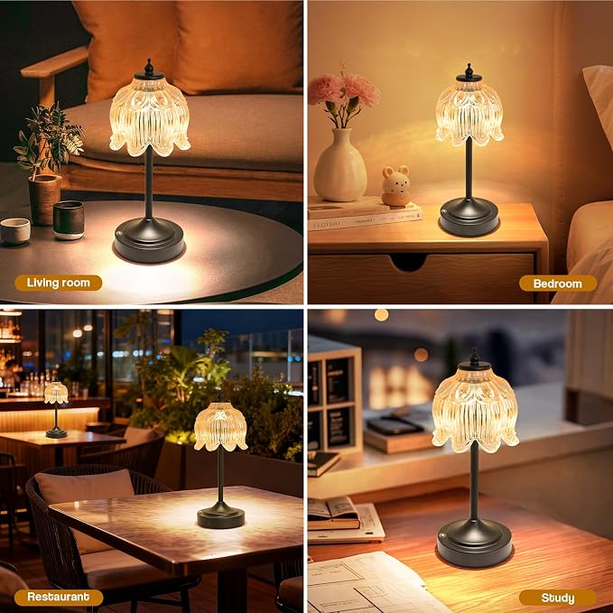 Cordless Lotus Flower Table Lamp, 5200mAh Rechargeable Battery Operated Portable Lamp, 3-Color Dimmable Touch Control Small Desk Lamp for Bedroom, Office, Kitchen, Nightstand,Room Decor(Amber-2)