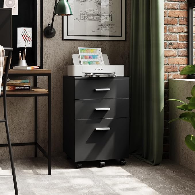 DEVAISE 3 Drawer Wood Mobile File Cabinet, Rolling Filing Cabinet for Letter/A4 Size, Printer Stand for Home Office, Black