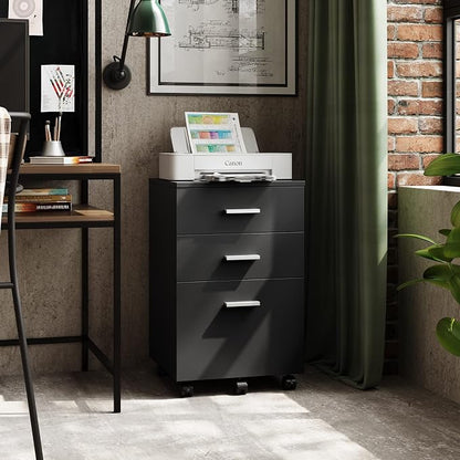 DEVAISE 3 Drawer Wood Mobile File Cabinet, Rolling Filing Cabinet for Letter/A4 Size, Printer Stand for Home Office, Black