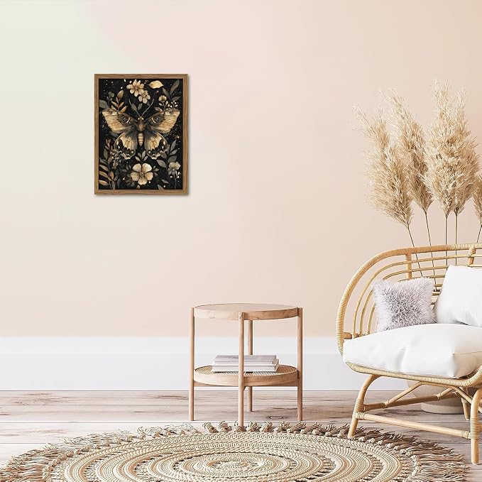Vintage Moth Canvas Wall Art, Dark Academia Gothic Decor, Insect Botanical Painting, Enchanted Moth Flowers Picture Print, Nature Wall Decor for Living Room Bedroom 16x24 inch Wood Framed
