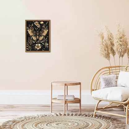 Vintage Moth Canvas Wall Art, Dark Academia Gothic Decor, Insect Botanical Painting, Enchanted Moth Flowers Picture Print, Nature Wall Decor for Living Room Bedroom 16x24 inch Wood Framed