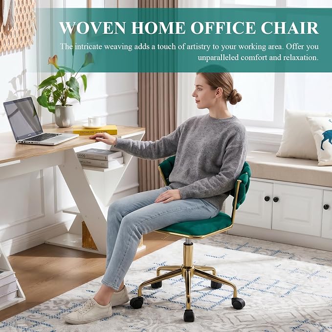NIOIIKIT Home Office Chair, Velvet Upholstered Task Chair with Woven Open Back, 360° Swivel Desk Chair with Wheels, Adjustable Vanity Chair, Computer Chair for Office, Studio (Emerald)