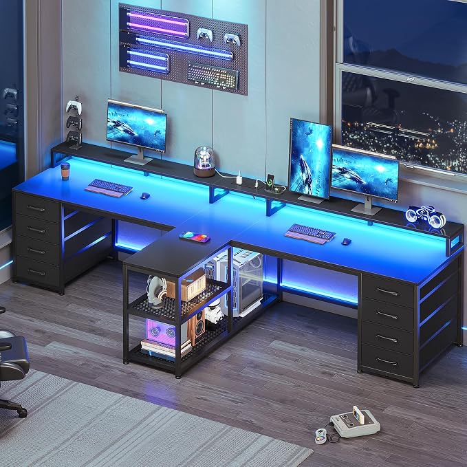 SEDETA 94.5" 2 Person Gaming Desk, Long Office Computer Desk with 8 Drawers & LED Light, Two Person Desk with Storage, Power Strip & Monitor Shelf for Home Office, Black
