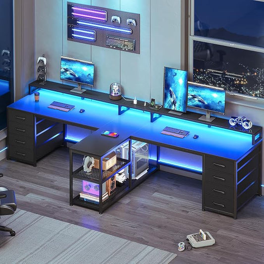 SEDETA 94.5" 2 Person Gaming Desk, Long Office Computer Desk with 8 Drawers & LED Light, Two Person Desk with Storage, Power Strip & Monitor Shelf for Home Office, Black