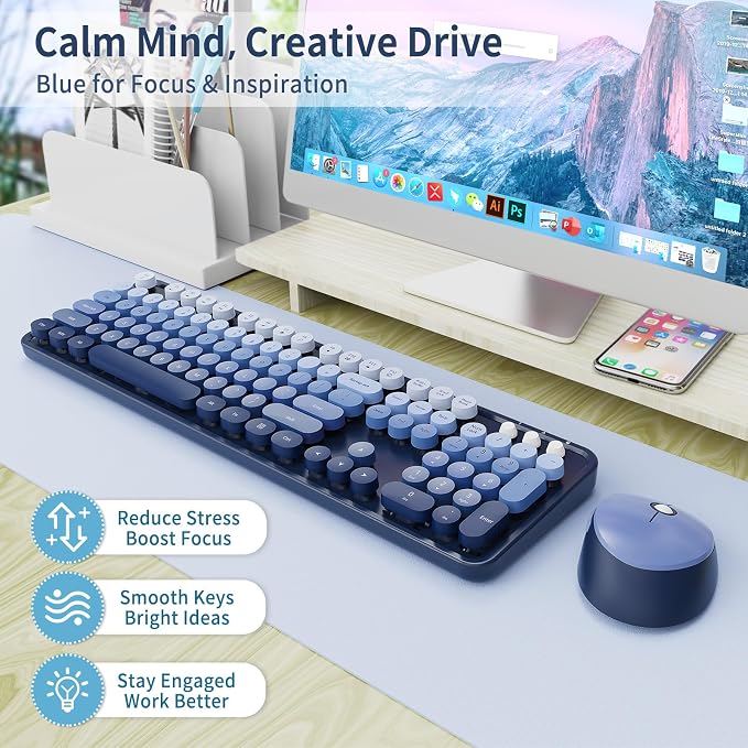 Nowlike Wireless Keyboard and Mouse Combo, Retro Typewriter Keyboard with Round Keycaps, Full-Size Ergonomic, Blue, Ideal for Windows PC, Home, Office, and College, Wireless Keyboard Mouse Combo
