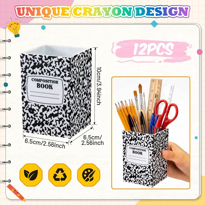 Ctosree 12 Pack Composition Book Pencil Holder for Classroom Back to School Supplies Composition Book Pencils Cup Pen Storage Organizer for Teacher First Day School Gifts Office Desk