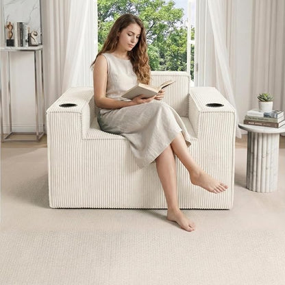Cloud Single Sofa,Chaise Lounge Chair with Cup Holder & Side Pocket,Elevated Seat Height,No Assembly Required,Boneless Corduroy Chair for Small Space,Bedroom,Office (White, Single Sofa)