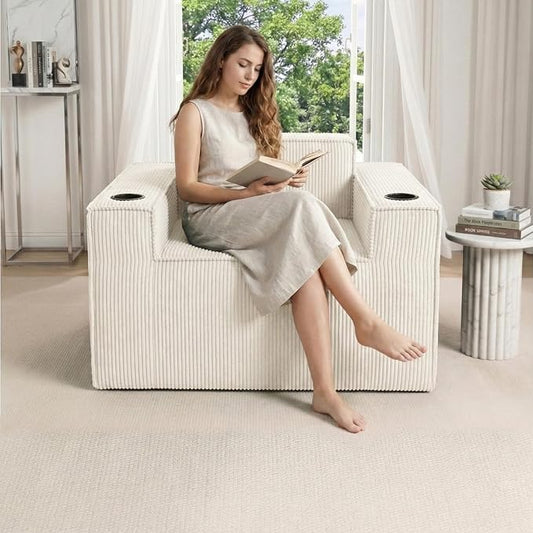 Cloud Single Sofa,Chaise Lounge Chair with Cup Holder & Side Pocket,Elevated Seat Height,No Assembly Required,Boneless Corduroy Chair for Small Space,Bedroom,Office (White, Single Sofa)