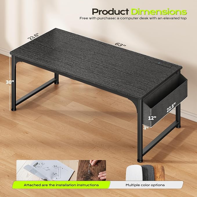 DurayLoly 63 x 24 inch Large Gaming Desk, 24mm Thick Desktop with RGB LED, Computer Desk with Built-in Power Outlets, Detachable Stand, 150LBS Heavy Duty, Ultimate Desk for Pro Gamers, Black
