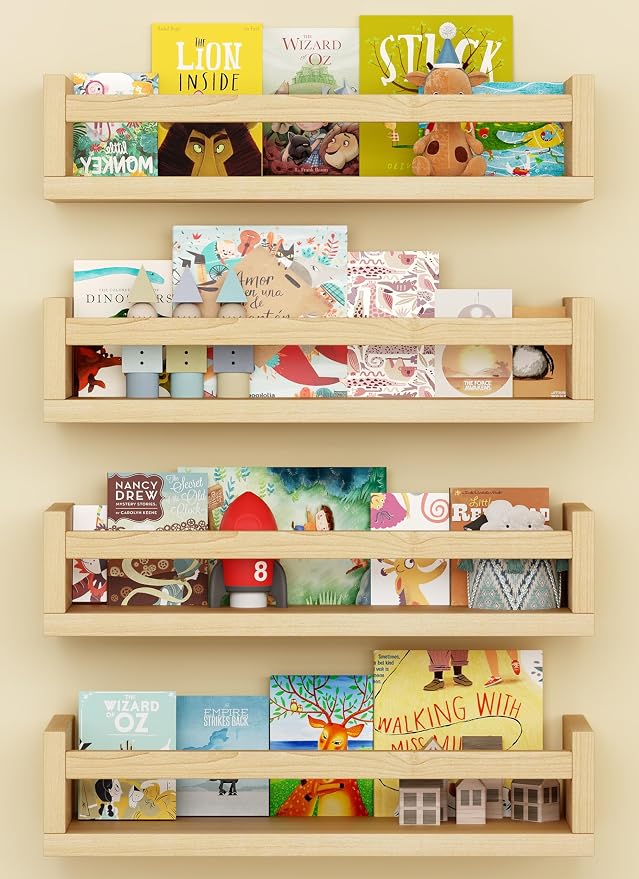 Onlysky Set of 4 Wall-Mounted Kid's Bookshelf - Wood Floating Nursery Book Shelves - Durable Wood Construction - Ideal for Nursery Decor, Kids Room, Toy Storage