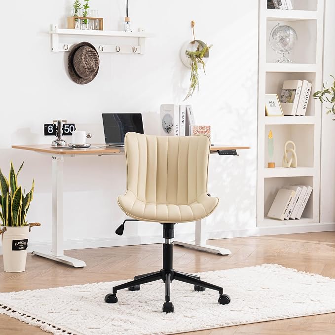 YOUNIKE Ergonomic Home Office Desk Chair with Wheels Comfy Armless Vanity Chair with Adjustable Back Modern Leather Upholstered Swivel Computer Chair Small Cute Rolling Task Chair for Women Beige