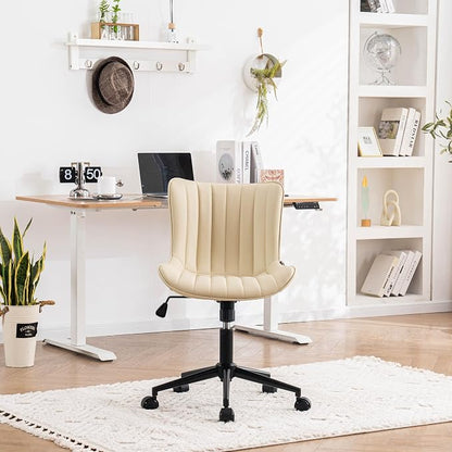 YOUNIKE Ergonomic Home Office Desk Chair with Wheels Comfy Armless Vanity Chair with Adjustable Back Modern Leather Upholstered Swivel Computer Chair Small Cute Rolling Task Chair for Women Beige