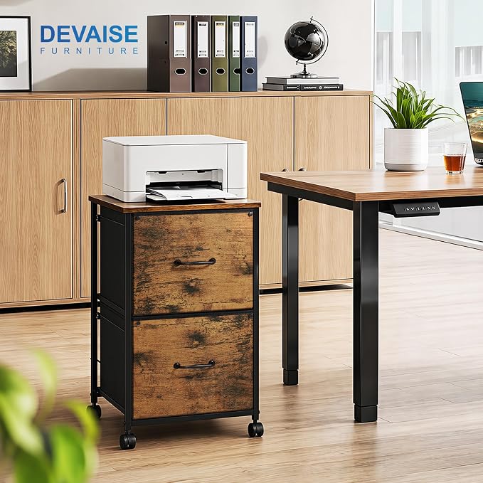 DEVAISE 2 Drawer Mobile File Cabinet, Rolling Printer Stand, Fabric Vertical Filing Cabinet fits A4 or Letter Size for Home Office, Rustic Brown Wood Grain Print