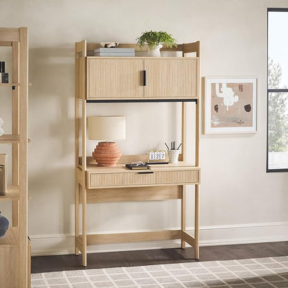 Walker Edison Modern Transitional Interior Design Reeded Desk with Hutch and Drawers, Built-in Tech, Desk with Cord Management, Storage for Small Living Spaces, 38”W x 19”D x 70”H, Coastal Oak
