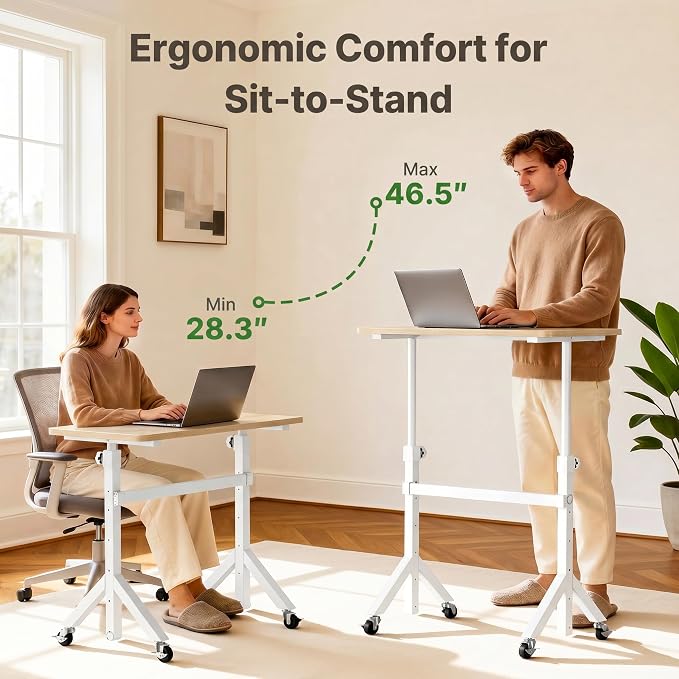 Marsail Mobile Stand Up Desk with Wheels, Adjustable Height Desk from 28.3″ to 46.5″, Rolling Standing Desk with Lockable Wheels, Portable Small Desk for Walking Pad and Treadmill, Nature