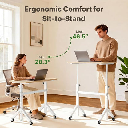 Marsail Mobile Stand Up Desk with Wheels, Adjustable Height Desk from 28.3″ to 46.5″, Rolling Standing Desk with Lockable Wheels, Portable Small Desk for Walking Pad and Treadmill, Nature