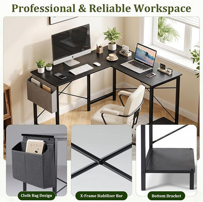 Alpen L Shaped Gaming Desk, Small Computer Desk, 50 Inch Wide Corner Desk, Work from Home Desk, Study Table for Bedrooms, PC Writing Table with Storage and Reversible Shelf, Classic Black