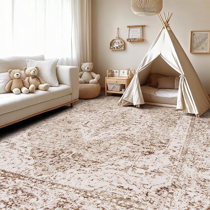 Lofus 9x12 Area Rugs for Living Room, Washable Area Rug, Big Rugs for Bedroom, Kitchen, Vintage Boho Carpet, Soft Non-Slip, Low Pile Large Area Rug for Office Dining Room, Vintage Beige Brown