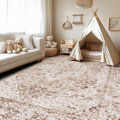 Lofus 9x12 Area Rugs for Living Room, Washable Area Rug, Big Rugs for Bedroom, Kitchen, Vintage Boho Carpet, Soft Non-Slip, Low Pile Large Area Rug for Office Dining Room, Vintage Beige Brown