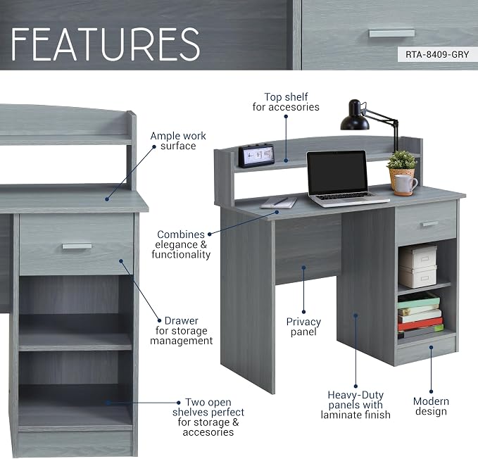 Techni Mobili Modern Office Hutch Writing Desk, Grey