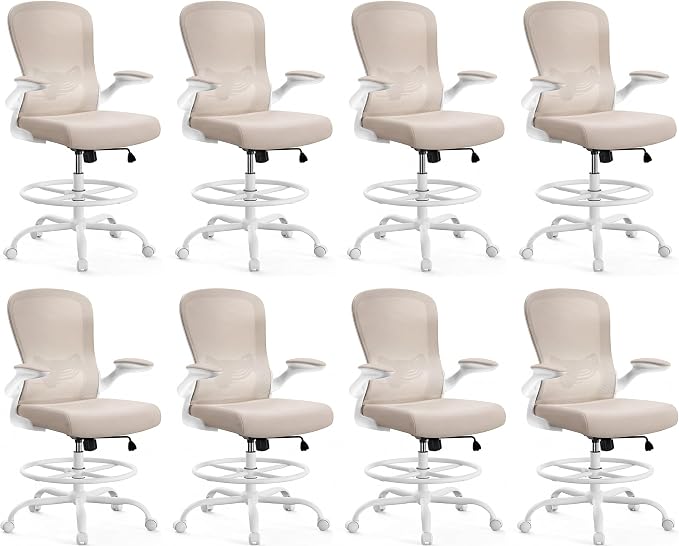 ErGear Drafting Chair,Tall Office Chair with Flip-Up Armrests, High Desk Chair Adjustable Height and Adjustable Footrest Ring, Ergonomic Standing Desk Chair with Lumbar Support, Khaki,8 Pack