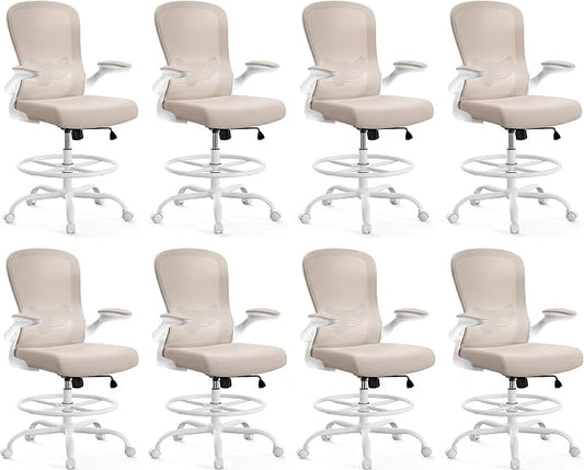 ErGear Drafting Chair,Tall Office Chair with Flip-Up Armrests, High Desk Chair Adjustable Height and Adjustable Footrest Ring, Ergonomic Standing Desk Chair with Lumbar Support, Khaki,8 Pack