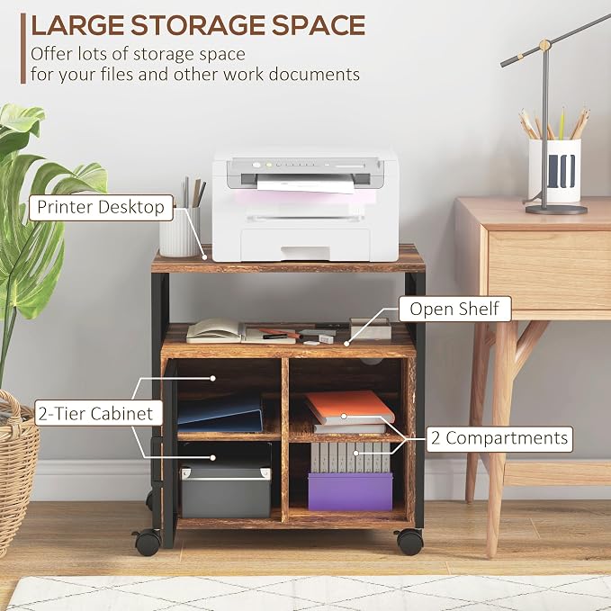 Vinsetto Printer Stand Table with Socket and USB Charging Ports, Industrial Mobile File Cabinet with Cable Hole, Wheels, Adjustable Shelf, Filing Cabinet for Home Office, Rustic Brown