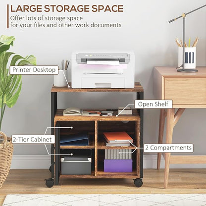 Vinsetto Printer Stand Table with Socket and USB Charging Ports, Industrial Mobile File Cabinet with Cable Hole, Wheels, Adjustable Shelf, Filing Cabinet for Home Office, Rustic Brown