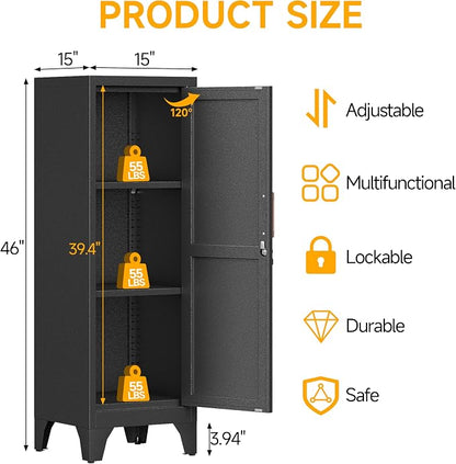 46"H Black Metal Locker with 1 Lockable Door and 2 Adjustable Shelves For Employees, 3 Tier Small Storage Cabinet with Detachable Legs and Vintage Handle for Kitchen,Office,Gym,School,Easy Assembly