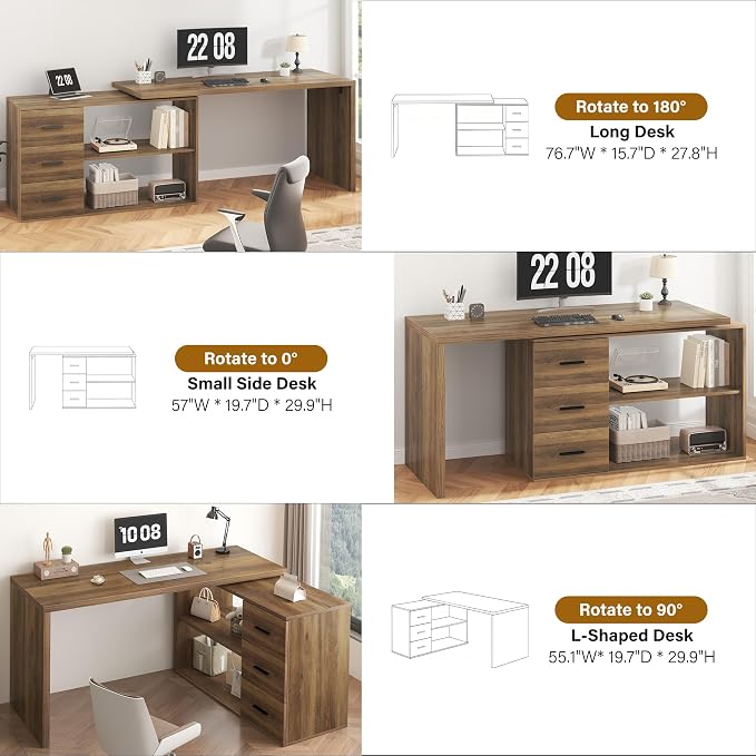HSH L Shaped Office Desk with Drawers Shelves 55-76 Inch, Corner Computer Desk with Storage 360 Rotating Long for Work, Executive, Study, Writing, Teacher, Bedroom Modern Gaming Table Farmhouse