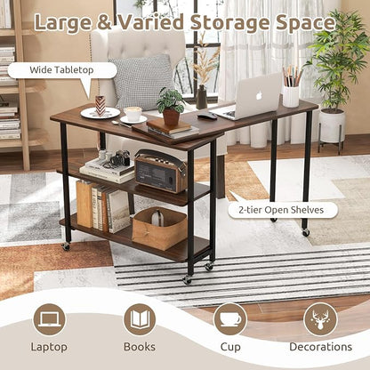 Tangkula 360° Rotating Sofa Side Table, Patented Mobile End Table with 2-Tier Storage Shelves, Swivel Rolling Desk with 6 Lockable Wheels, Metal Frame, Movable Laptop Table Couch Snack Table for Home