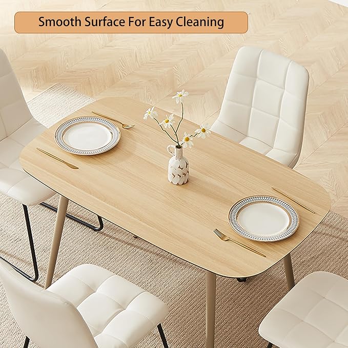HIPIHOM 47.2'' Dining Table Set for 4 - Modern Wood Table with Cat Scratch-Resistant Surface & 4 U-Shaped White Leather Chairs, Kitchen & Dining Room Furniture, Space-Saving Table and Chairs Set