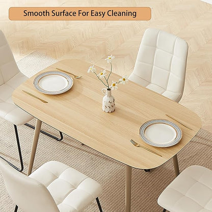 HIPIHOM 47.2'' Dining Table Set for 4 - Modern Wood Table with Cat Scratch-Resistant Surface & 4 U-Shaped White Leather Chairs, Kitchen & Dining Room Furniture, Space-Saving Table and Chairs Set
