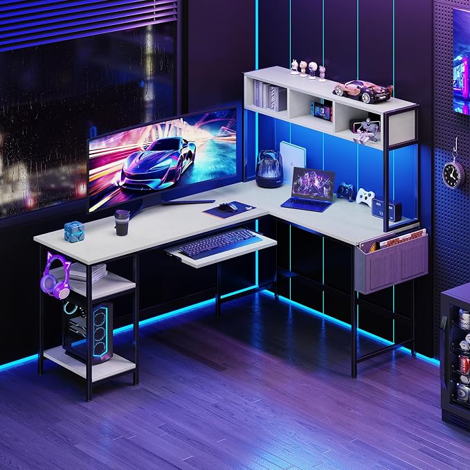 DUMOS 67" L Shaped Gaming Desk, Corner Desks for Compact Spaces with Keyboard Tray & Storage Shelf,Reversible Computer Desk with LED Lighting,Metal Frame PC Gaming Table for Home Office, White