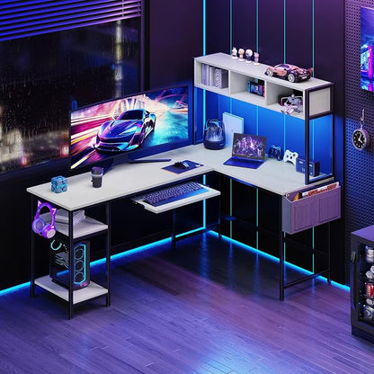 DUMOS 67" L Shaped Gaming Desk, Corner Desks for Compact Spaces with Keyboard Tray & Storage Shelf,Reversible Computer Desk with LED Lighting,Metal Frame PC Gaming Table for Home Office, White