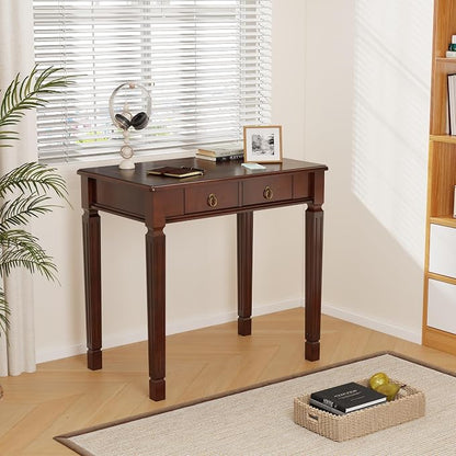 Cherry Walnut Writing Desks with Drawers, 31.5" Mid-Century Modern Computer Desk for Home Office, Secretary Desk for Living Room Study or Workspace, Easy Assembly Vanity Desk, SSZD1258