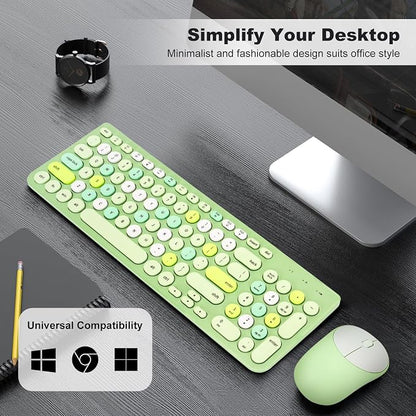 Wireless Keyboard and Mouse Combo, Retro Typewriter Keyboard with Round Keycaps, 2.4GHz USB Cute Wireless Keyboard Mouse for Computer, Desktop, Laptop (Green Colorful)